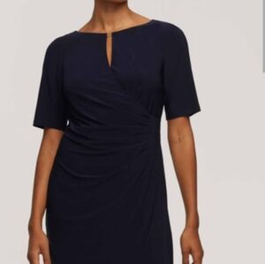 Anne Klein Midnight Blue Midi Dress Round-Neck Side-Pleated